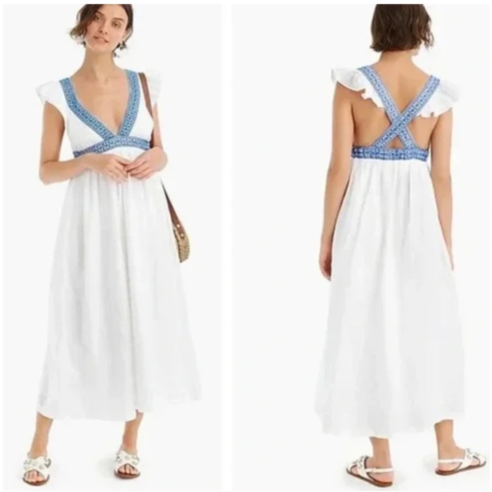 J. Crew White Linen Royal Blue Embroidered Cross Back Midi Slip Prairie Dress